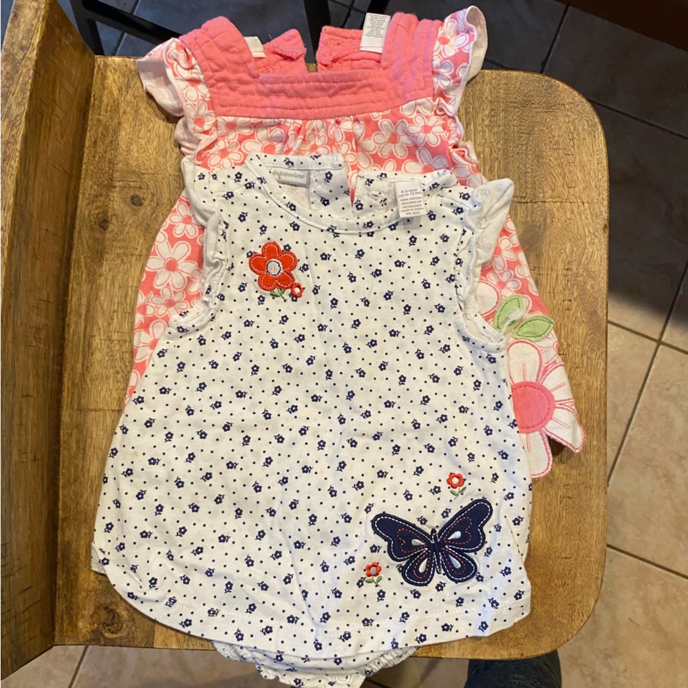 Set of two “first impressions” baby one piece summer outfits. Size 0-3 month